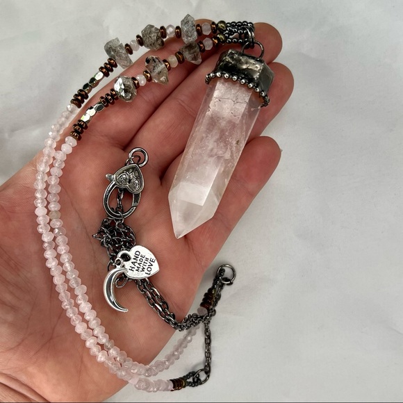 Herkimer Diamond & Rose Quartz Point Crystal Beaded Necklace - Picture 10 of 12